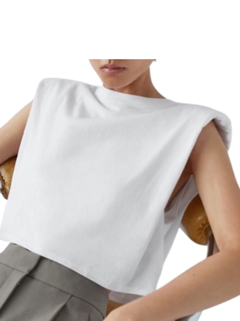 Aritzia Padded Shoulder White Sleeveless Boxy Crop Top - Size XL